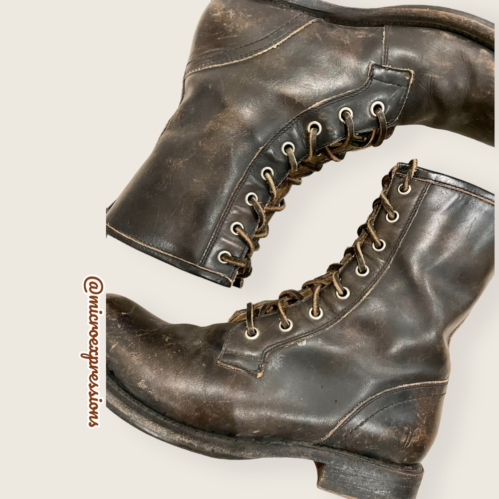 Frye Veronica Combat Distress Black Brown Tumbled Leather Laced Combat AnkleBoot - Picture 13 of 14